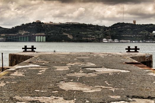 Dock on the shore of The Tagus River in Spring in Lisbon