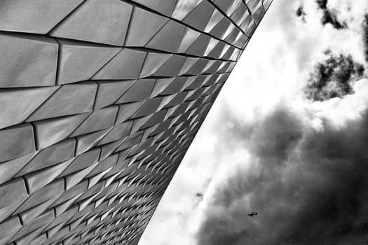 Beautiful ceramic wall texture of the Maat Museum in Lisbon.Monochrome photography.
