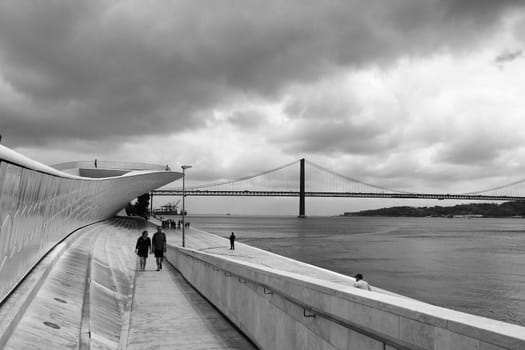 Lisbon, Portugal- June 3, 2018: Beautiful ceramic wall texture of next to the Tagus River in Lisbon.Monochrome photography.