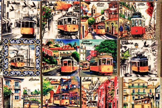 Fridge souvenir magnets imitating portuguese tiles with trams for sale