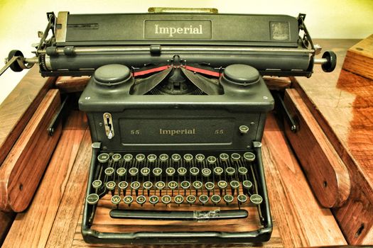 Lisbon, Portugal- June 15, 2018:Old and beautiful vintage black typewriter. Imperial 55 model
