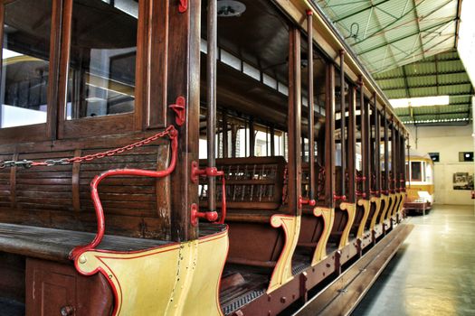 Lisbon, Portugal- June 14, 2018:Old and colorful vintage trams in a museum in Lisbon