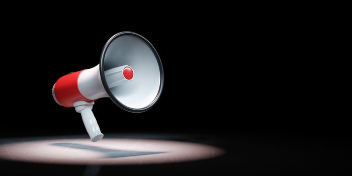 Red and White Bullhorn Spotlighted on Black Background with Copy Space 3D Illustration