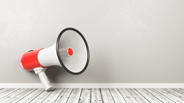 Red and White Megaphone on Wooden Floor Against a Gray Wall with Copy Space 3D Illustration