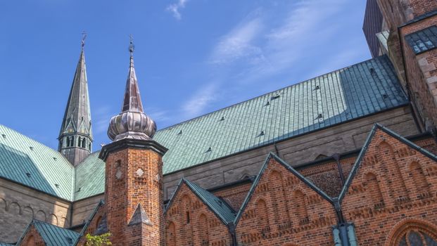 Close up on towers of Ribe Cathedral or Our Lady Maria Cathedral, Denmark