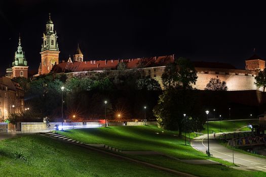 Wawel Royal Castle in the night scene in Krakow, Poland