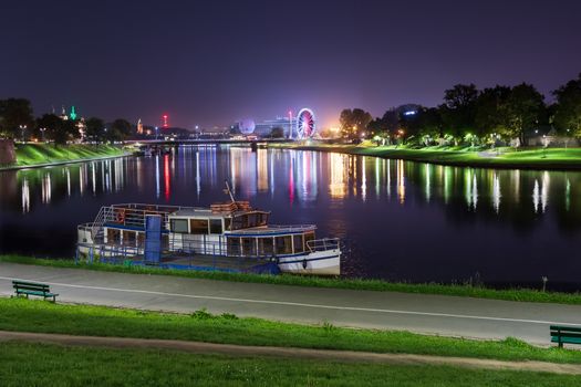 Night scene riverbank In Krakow, Poland