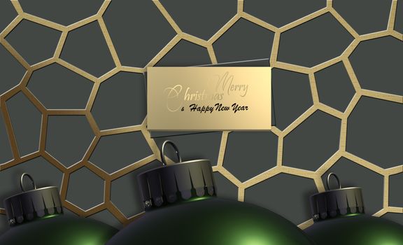 Christmas banner. Close up realistic grunge Xmas ball bauble on gold shiny 3D background, magic night glow. Gold text Merry Christmas Happy New Year. Poster, card. Mock up, copy space. 3D illustration