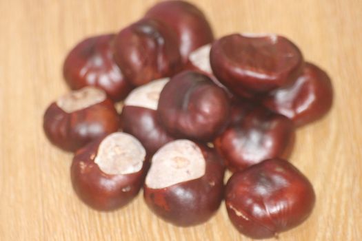 Chestnut and chestnut pod with spines on a wooden floor. Close-Up of bunch of dried chestnut fruits over wooden background.