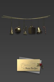 Christmas gold design. Hanging gold Xmas symbols tree, ball, candle, bell, gift box, red gold candy cane over dark. Shiny text Merry Christmas and Happy New Year. 3D render. Place for text