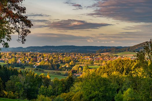 beautiful autumn hike in the colorful forest near wilhelmsdorf near ravensburg in upper swabia germany