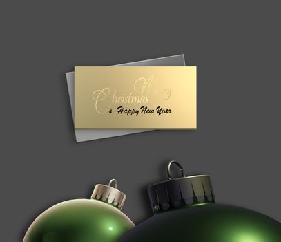 Christmas design with realistic balls. Close up realistic grunge Xmas ball bauble on dark background, magic night glow. Gold text Merry Christmas Happy New Year. Mock up, copy space. 3D illustration