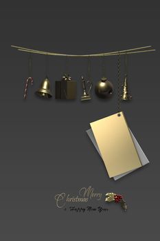 Christmas luxury antique gold symbols. Hanging grunge Xmas tree, ball, candle, bell, gift box, shiny gift tag over black. Shiny gold text Merry Christmas and Happy New Year. 3D render. Place for text