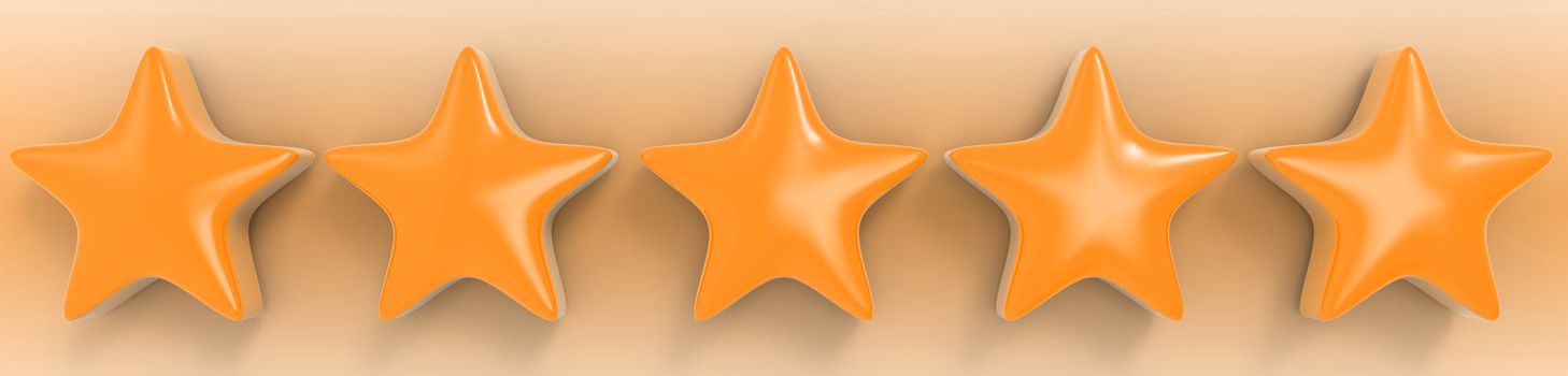 3d five orange star on color background. Render and illustration of golden star for premium