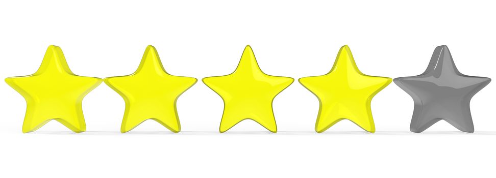 3d yellow four star on color background. Render and illustration of golden star for premium