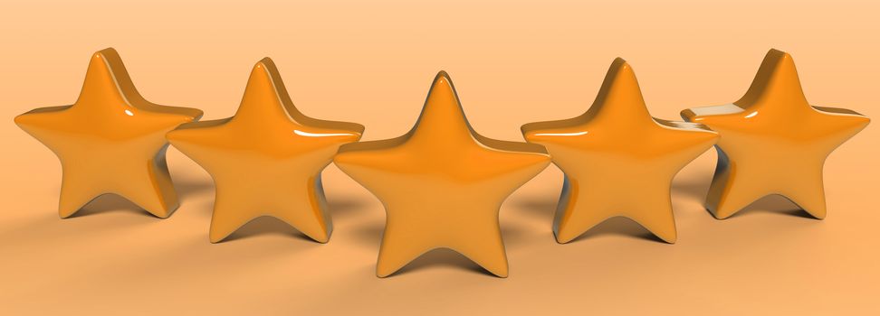 3d five orange star on color background. Render and illustration of golden star for premium