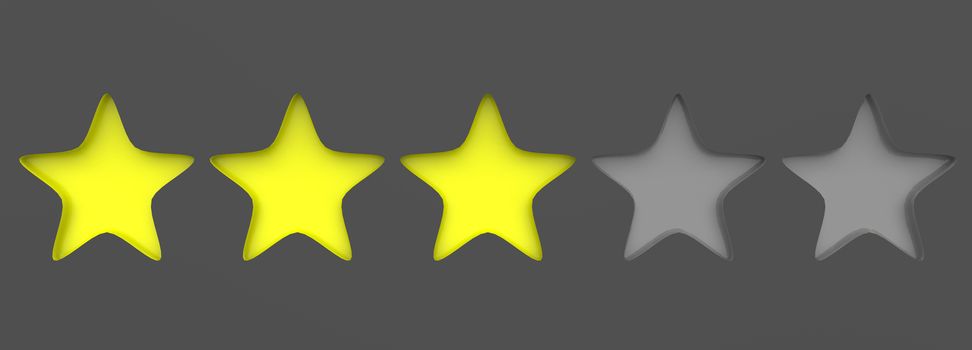 3d yellow three star on color background. Render and illustration of golden star for premium
