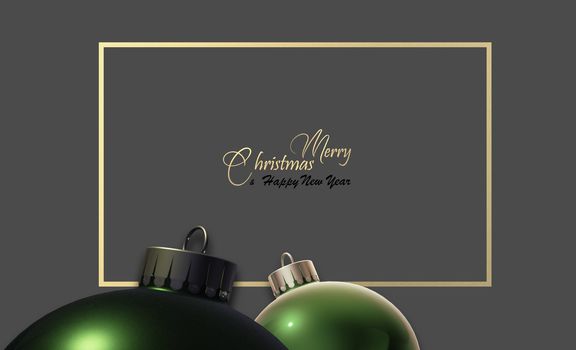 Christmas banner. Close up realistic Xmas balls baubles on dark grey background with magic glow. Gold text Merry Christmas Happy New Year in gold frame. Poster, card. Mock, copy space. 3D illustration