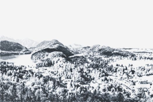 Christmas card with snowy mountains landscape in winter, monochrome photograph for art prints and printable designs