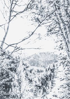 Christmas card with snowy mountains landscape in winter, monochrome photograph for art prints and printable designs