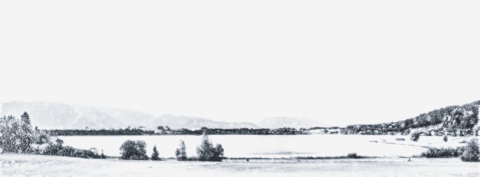 Christmas card with snowy mountains landscape in winter, monochrome photograph for art prints and printable designs