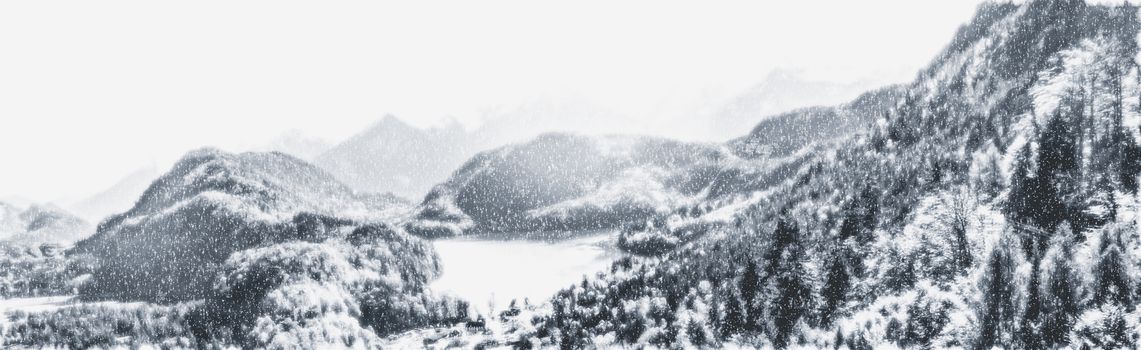 Christmas card with snowy mountains landscape in winter, monochrome photograph for art prints and printable designs