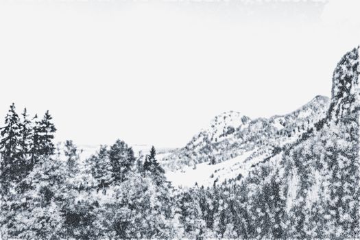 Christmas card with snowy mountains landscape in winter, monochrome photograph for art prints and printable designs