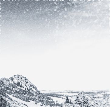 Christmas card with snowy mountains landscape in winter, monochrome photograph for art prints and printable designs