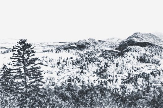 Christmas card with snowy mountains landscape in winter, monochrome photograph for art prints and printable designs