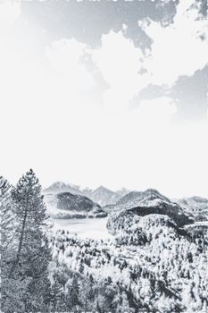 Christmas card with snowy mountains landscape in winter, monochrome photograph for art prints and printable designs