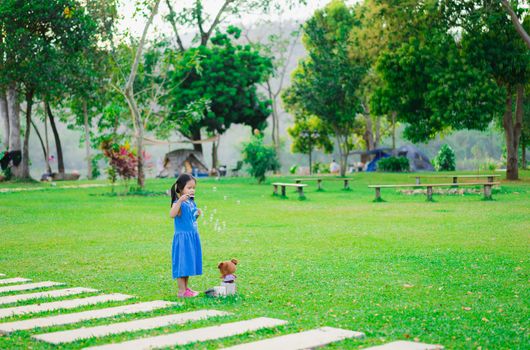 little girl blowing soap bubbles in the park