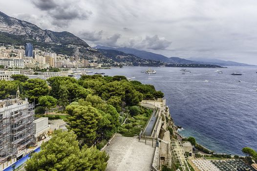View over the coast of Monte Carlo, Cote d'Azur, Principality of Monaco, iconic place of the French Riviera