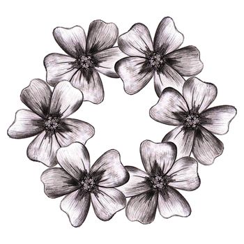 Black Hand-Drawn Isolated Flower Circle Composition. Monochrome Botanical Plant Illustration in Sketch Style. Thin-leaved Marigolds for Print, Tattoo, Design, Holiday, Wedding and Birthday Card.