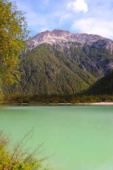 Lago di Landro Durrensee in the Dolomites in Italy. Out of focus