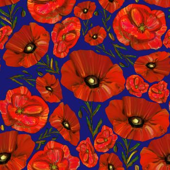Red poppies seamless pattern on blue background. Wildflower endless backdrop. Design illustration for textile, fabric, wrapping paper, cards.