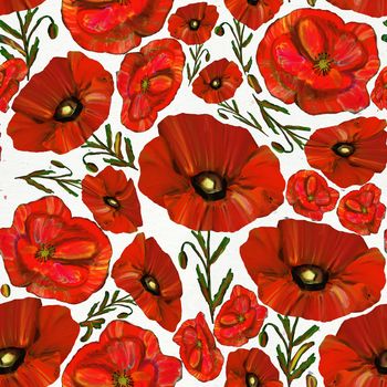 Red poppy seamless pattern on white background. Wildflower background. Beautiful ornamental texture with flowers. Endless design illustration.