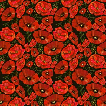 Red poppies seamless pattern on black background. Wildflower endless backdrop. Design illustration for textile, fabric, wrapping paper, cards.