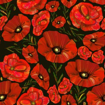 Red poppy seamless pattern on black background. Wildflower background. Beautiful ornamental texture with flowers. Endless design illustration.