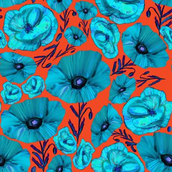 Blue Floral seamless pattern on orange background. Flower poppy background. Beautiful ornamental texture with flowers. Endless design illustration.