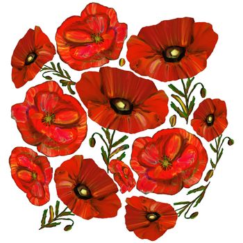 Round set with Red poppy flowers isolated on white background. Simple floral hand drawn wildflower design.