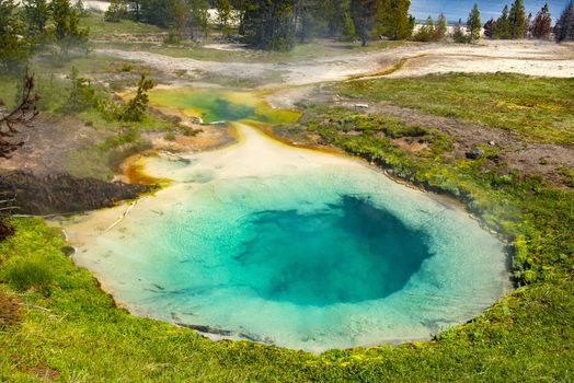 Deatiled photo of Bluebell pool from above. Yellowstone National Park, Wyoming, USA