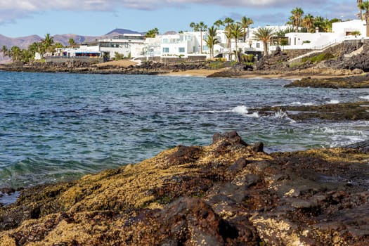 Rocky coast of Puerto del Carmen at Canary island Lanzarote with lava rocks and blue water in the foreground, white houses, palm trees and volcanic mountain range with different colours the background
