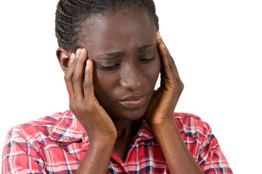 Beautiful young woman pressing her face because of a strong head to her screaming and bending her mouth with migraine