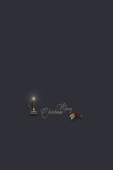 Minimalist Christmas design. Gold lit candle, shiny text Merry Christmas on dark background. 3D illustration