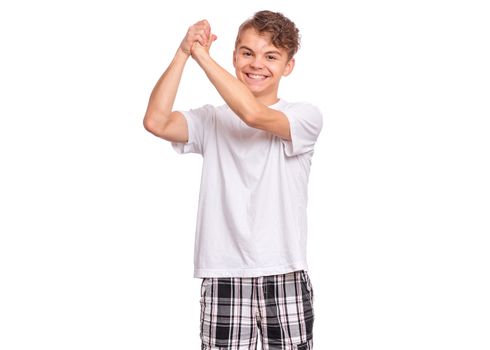 Happy boy showing victory sign isolated on white background