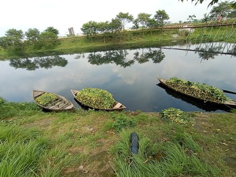 black colored wooden boat on lake with grass