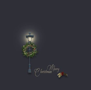 Christmas New Year minimalist magic night background Christmas floral wreath on street light on dark background. Text Merry Christmas Happy New year. Place for text, 3D Illustration.