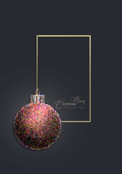 Christmas modern background. Hanging artistic abstract Xmas ball bauble, golden frame over black. Text Merry Christmas Happy New Year. Vertical festive card. Mock up, place for text. 3D illustration