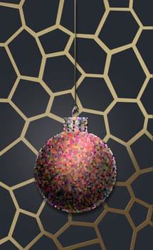 Abstract Christmas background. Christmas ball, mystic light, golden 3D frame on dark background. Minimalist Xmas design for festive card. 3D illustration