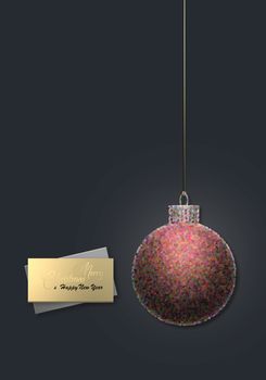 Christmas design with abstract ball. Close up Xmas ball bauble on dark background, magic night glow. Gold text Merry Christmas Happy New Year. Mock up, copy space. 3D illustration